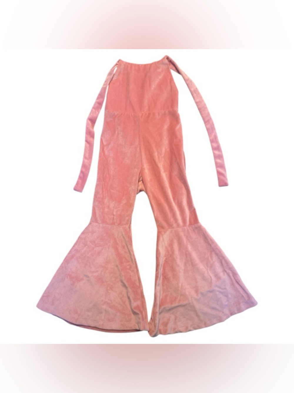 Girls Velvet Pink Flare One-Piece Jumpsuit with Tie Straps